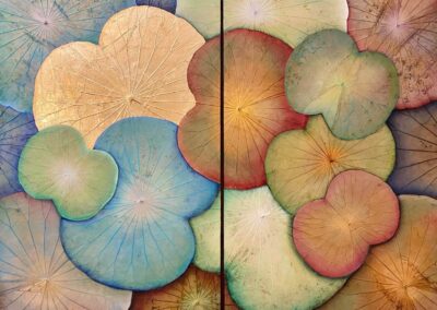 Fünf Elemente, je 50 x 80 cm Öl auf Lotusblättern, Holzpaneele